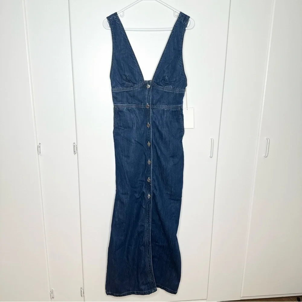 Etica Martine Plunge Neck Open Back Denim Maxi Dress Size Small NWT